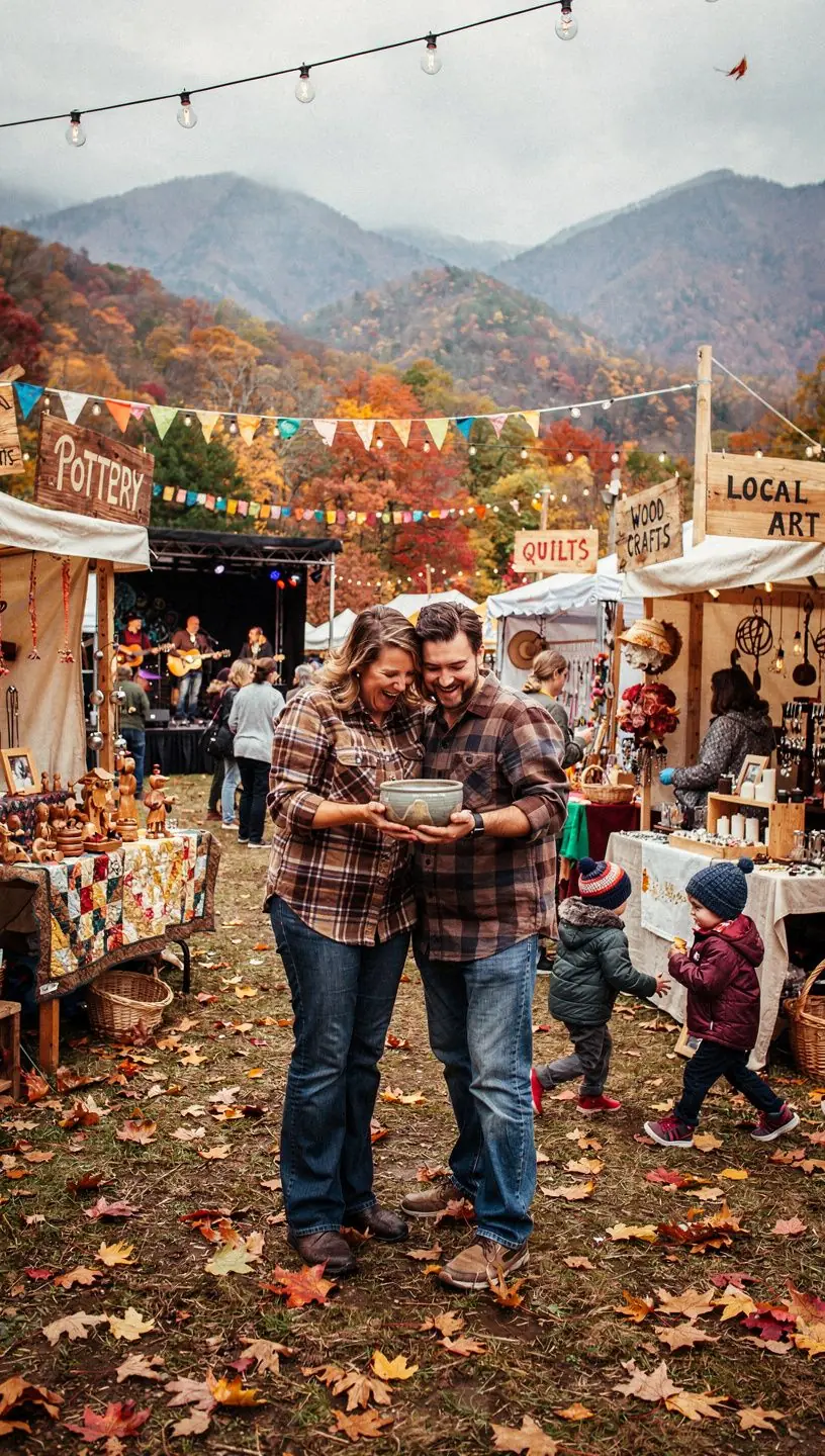 Собрание людей на сезонном фестивале с яркими огнями и уличной едой.