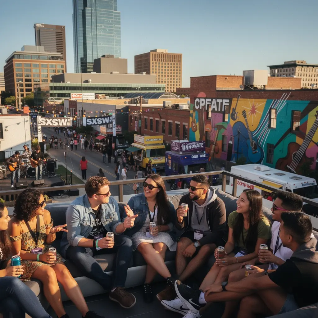 Осеннее собрание людей на фестивале, окруженное красивыми природными пейзажами и яркими листьями.